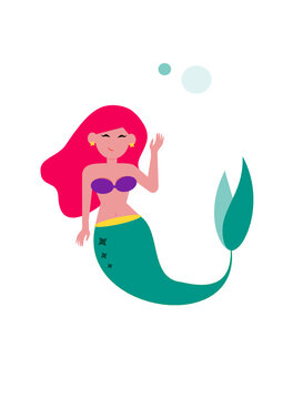 Vector illustration of a red-haired mermaid. The mermaid waves her hand. Cute childish illustration of a girl with a fish tail. Mermaid doll.