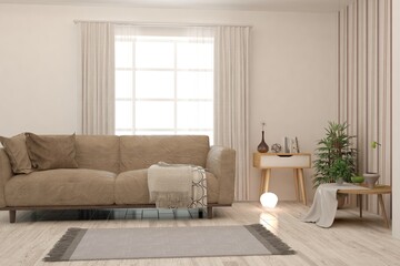 White living room with sofa. Scandinavian interior design. 3D illustration