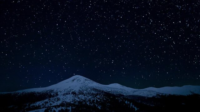 Twinkling starry sky above the snowy peaks of the Carpathian Mountains