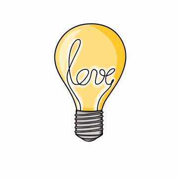 Yellow light bulb with inscription "love". Color hand drawn illustration on the white background. 
Elegant element for Valentine's day greeting card, print, poster, design,  party.