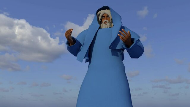 Profeta b&iacute;blico, hombre mayor con t&uacute;nica y manto orando a Dios, Cielo de fondo, Animaci&oacute;n 3d