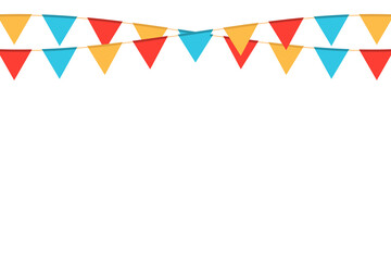 Obraz premium Multicolored triangular flags on ropes on a white background. Decoration from triangular flags.