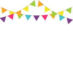 Multicolored triangular flags on ropes on a white background. Decoration from triangular flags.