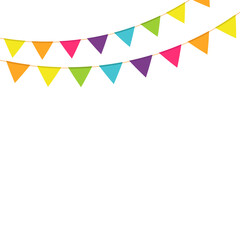 Multicolored triangular flags on ropes on a white background. Decoration from triangular flags.