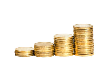 Four stacks of coins isolate on white background. Money growth concept.