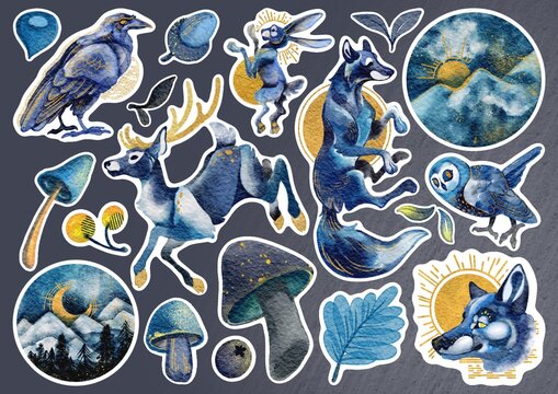 Watercolor illustration of stylised indigo color forest animals. Sticker Pack. Hand drawn animal silhouette. Wildlife art illustration. Vintage graphic for fabric,postcard,stickers. Golden accents.