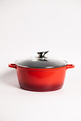 Stainless steel stewpot on white background