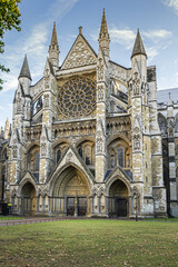 Westminster Abbey (The Collegiate Church of St Peter at Westminster) - Gothic church in City of Westminster, London. Westminster is traditional place of coronation and burial site for English monarchs - obrazy, fototapety, plakaty