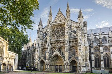 Westminster Abbey (The Collegiate Church of St Peter at Westminster) - Gothic church in City of Westminster, London. Westminster is traditional place of coronation and burial site for English monarchs - obrazy, fototapety, plakaty