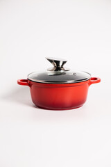 Stainless steel stewpot on white background