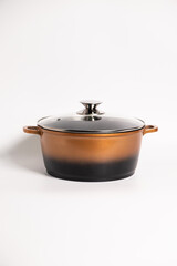 Stainless steel stewpot on white background