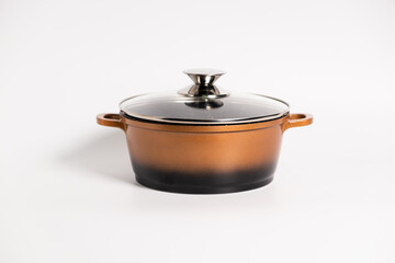 Stainless steel stewpot on white background