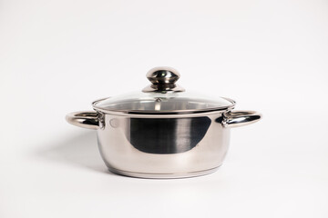 Stainless steel stewpot on white background