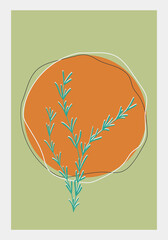Contemporary art poster in pastel colors with rosemary branch. Herbal, plants elements and strokes, leaves. Design for social media, postcards, print, cover. Wall decoration. Art  decor. Background.