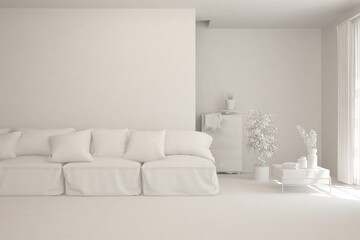 White minimalist living room with sofa. Scandinavian interior design. 3D illustration