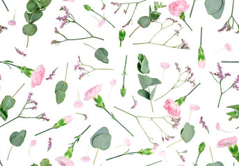 Flowers composition. Pattern made of carnations, isolated flat lay, top view, seamless pattern