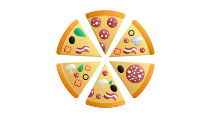 Colorful round tasty pizza on white background with salami tomato mushrooms and olives flat isolated illustration