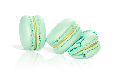 Three blue macarons
isolated on white background