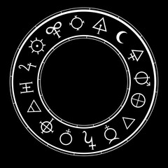 round frame with alchemical magic signs