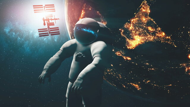 Earth planet spaceman in modern realistic NASA space suit. International Space Station silhouette at sun light. Solar system spacer explorer at illuminated mainland. Cosmos spacecraft of NASA mission