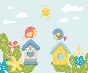 Two cards with couples of birds sitting on birdhouse. Nice elements for scrapbook, greeting cards, invitations, Valentine's cards. vector