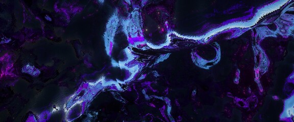 Cyberpunk futuristic wallpaper. Liquid shiny metal in blue neon light. Abstract surrealistic backdrop. Abstraction art. 3D illustration.