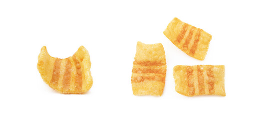 Fried wheat-potato snack with smoked bacon flavor isolated on white background