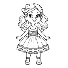 Cute cartoon girl in elegant dress with a lush skirt and an ornament of roses on the bodicet outline for coloring on a white background