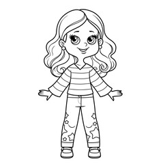 Cute baby girl dressed in striped pullover and pants with star applique outline for coloring on a white background