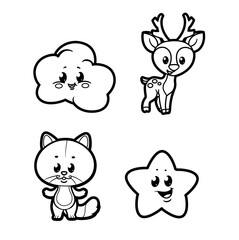 Cute cartoon baby cloud, star, kitten and spotted deer outline for coloring on a white background