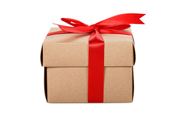 Gift box with red ribbon bow isolated on white background with clipping path