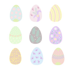 Easter holiday symbol colorful decorated eggs set in pastel tones, flat style vector illustration for spring festive time decor, greeting cards, invitations, banners, web design