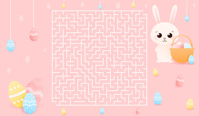 Easy labyrinth for kids, help easter bunny find way to painted eggs, educational riddle for childrens books or worksheet in school, cute animal character on pink background, spring holidays theme