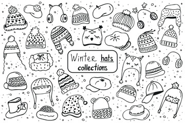 Big winter hats collection. Hand drawn hats for winter isolated on a white background. Vector illustration
