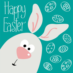 Scandinavian style postcard with a rabbit, flat illustration. Lettering Happy Easter on a turquoise background. Decorated with contour painted eggs. Flyer, invitation, poster, card, web.