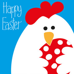 The chicken is holding a red egg. Easter card with flat illustration. The inscription Happy Easter on a blue background. Flyer, congratulation, invitation, poster, banner, card, web, packaging.