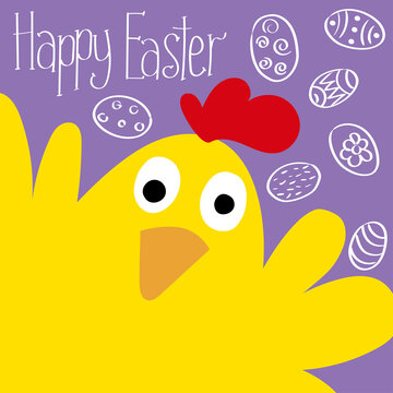 Scandinavian style postcard with chicken, flat illustration. The inscription Happy Easter on a lilac background. Decorated with contour painted eggs. Flyer, invitation, poster, card, web, packaging.