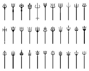 SVG Set of black silhouettes of trident on a white background