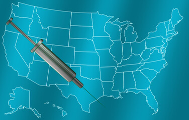 A covid-19 vaccine syringe over an outline map of America with a turquoise background