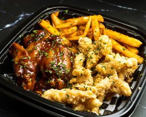 wings, strips and fries