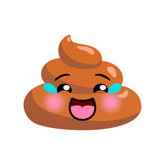 Shit or turd emoji vector icon with happy laughing smile on a face, isolated illustration in flat cartoon and kawaii style with tears.