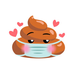 Shit or turd wearing medical mask emoji vector icon with hearts as concept for coronavirus prevention and other diseases as flu, air pollution, contaminated air. Isolated illustration