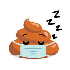 Sleeping shit or turd wearing medical mask emoji vector icon as concept for coronavirus prevention and other diseases as flu, air pollution, contaminated air. Isolated illustration