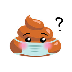 Shit or turd wearing medical mask with question symbol - emoji vector icon as concept for coronavirus prevention and other diseases as flu, air pollution, contaminated air. Isolated illustration
