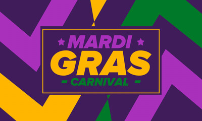 Mardi Gras Carnival in New Orleans. Fat Tuesday. Traditional holiday, celebration annual. Folk festival, costume masquerade, fun party. Carnival mask. Poster, card, banner and background. Vector