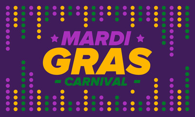 Obraz premium Mardi Gras Carnival in New Orleans. Fat Tuesday. Traditional holiday, celebration annual. Folk festival, costume masquerade, fun party. Carnival mask. Poster, card, banner and background. Vector