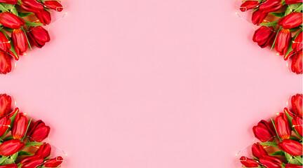 Banner with red tulip bouquet on pastel pink background, close-up, copy space, text place. Flower shop. Greeting card. Gift certificate. Valentine day, international woman day, mother day. Birthday