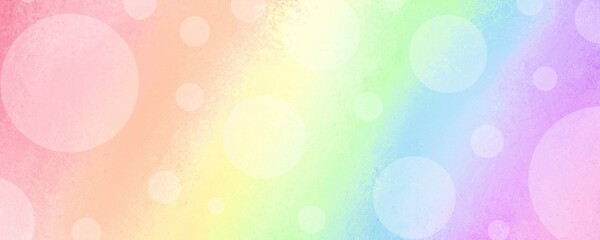 Rainbow background with texture and gradient colors, pretty springtime banner in pastel colors and white bokeh lights or circle shapes