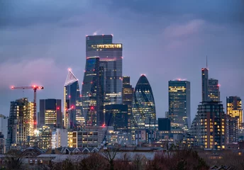 Deurstickers Cityscape view of the famous financial modern buildings in London illuminated at dusk © cristianbalate