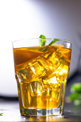 iced lemonade or lemon cocktail takeaway iced tea portion on the table for healthy meal snack outdoor top view copy space for text food background rustic image keto or paleo diet